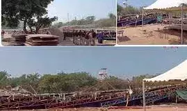 जवाहरलाल नेहरू स्टेडियम में गिरा पंडाल, हादसे में कुछ लोगों के दबने की आशंका, मौके पर दमकल की टीम जवाहरलाल नेहरू स्टेडियम में गिरा पंडाल, हादसे में कुछ लोगों के दबने की आशंका, मौके पर दमकल की टीम